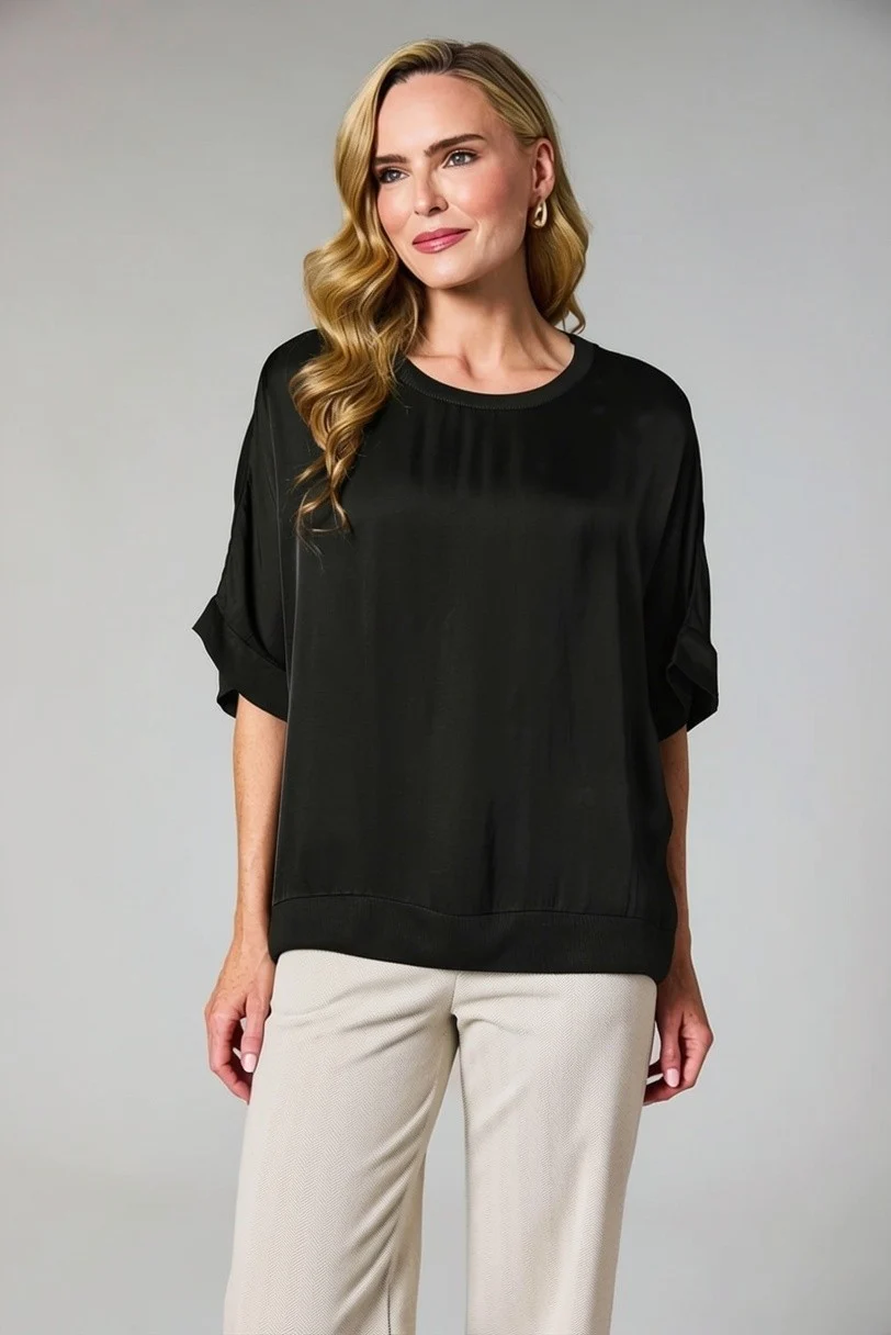 23006_Black D.E.C.K Satin Short Sleeve Top 23006 - Image 1