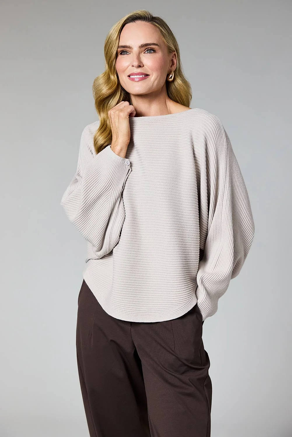 8948FRONTCROPTaupe D.E.C.K Ribbed Batwing Knit 8948 - Image 1